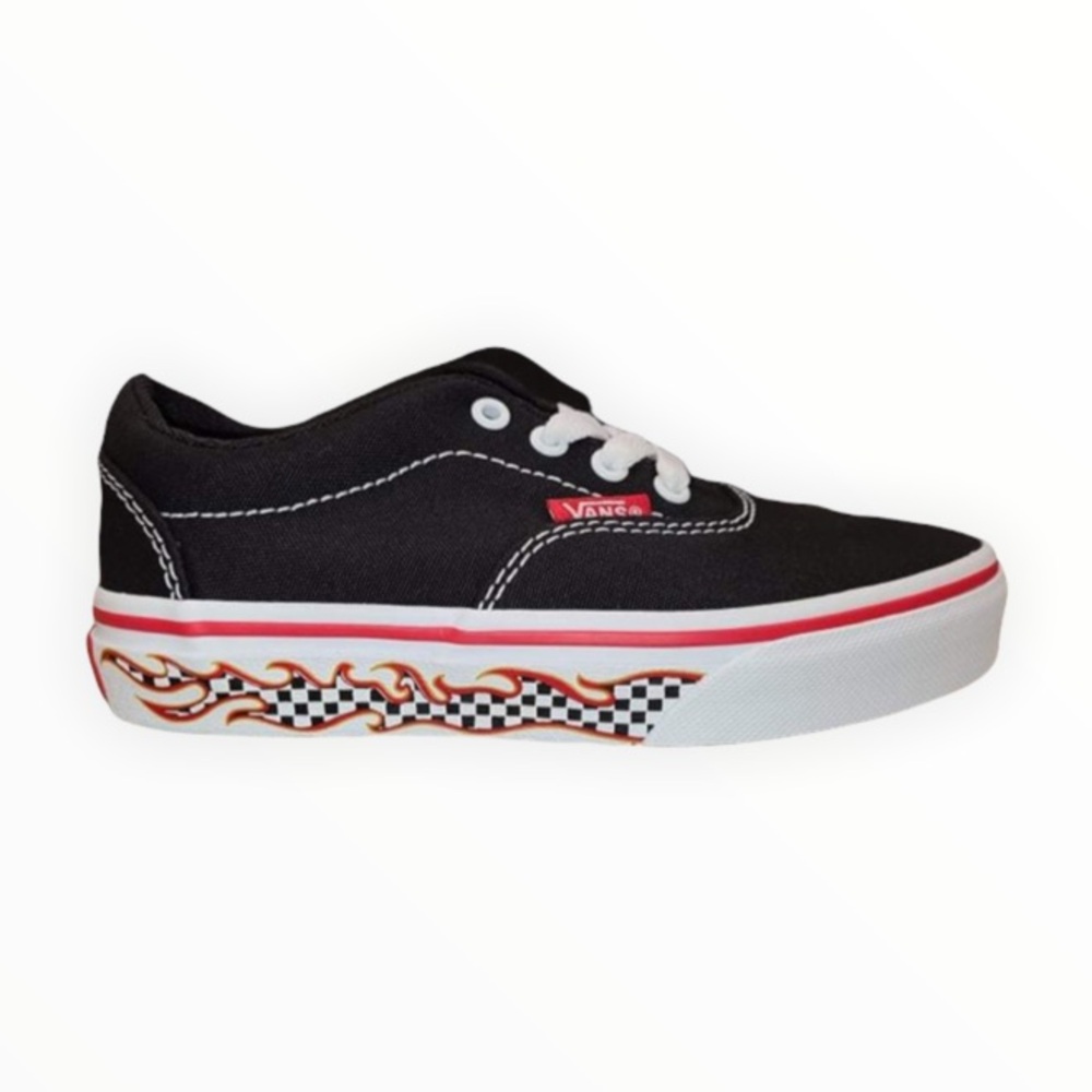 Vans Off The Wall Youth Black Low Top Sneakers Racing Checks Flames